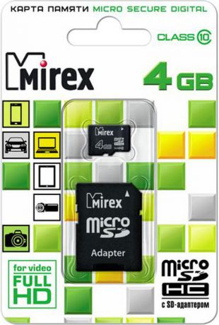 Карта памяти Mirex microSD Сlass 10, с адаптером, 13613-AD10SD04, 4GB, black