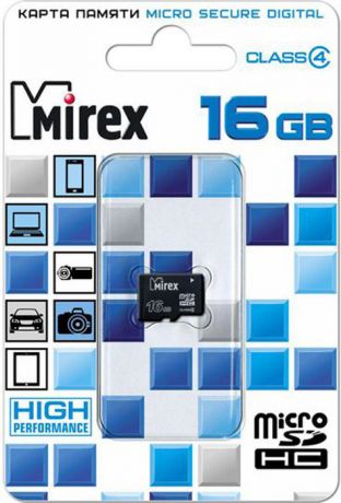 Карта памяти Mirex microSD Сlass 4, 13612-MCROSD16, 16GB, black