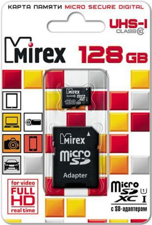 Карта памяти Mirex microSD UHS-I Сlass 10, с адаптером, 13613-AD10S128, 128GB, black