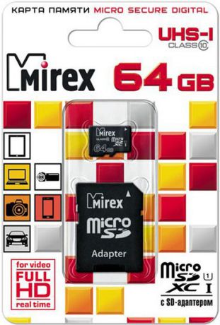 Карта памяти Mirex microSD UHS-I Сlass 10, с адаптером, 13613-AD10SD64, 64GB, black
