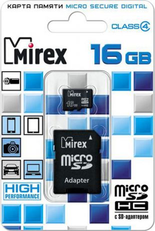 Карта памяти Mirex microSD Сlass 4, с адаптером, 13613-ADTMSD16, 16GB, black
