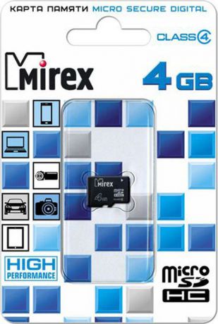 Карта памяти Mirex microSD Сlass 4, 13612-MCROSD04, 4GB, black