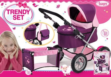 Набор для кукол Bayer Design "Тренди": коляска, кроватка, цвет: фиолетовый, розовый