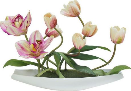 Цветы декоративные Dream Garden "Тюльпаны светлые с орхидеями", на подставке
