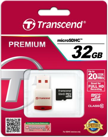 Карта памяти Transcend Class 10, с USB кард-ридером, TS32GUSDHC10-P3, 32GB