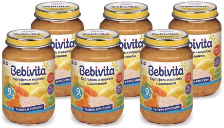 Bebivita пюре картофель и морковь с цыпленком, с 9 месяцев, 6 шт по 190 г