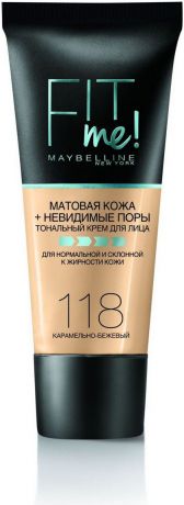 Maybelline New York Тональный крем для лица "Fit Me", матирующий, скрывающий поры, оттенок 118, Карамельно-бежевый, 30 мл