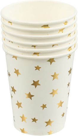 Стакан Белый с золотыми звездами из ламинированного картона, объем 250 мл, 6 шт в наборе / 7,8x7,8x12,8см арт.79291