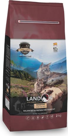 Корм сухой "Landor", полнорационный, для взрослых кошек с чувствительным пищеварением, ягненок, 2 кг