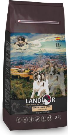 Корм сухой "Landor", полнорационный, для взрослых собак мелких пород, утка с рисом, 1 кг