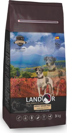 Корм сухой "Landor", полнорационный, для взрослых собак всех пород беззерновой, ягненок с бататом, 1 кг