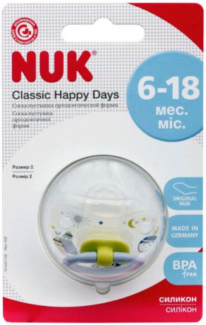 Пустышка NUK Happy Days, силиконовая, от 6 месяцев, 10735136, голубой