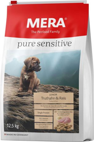 Сухой корм Mera Pure Sensitive Junior, для щенков, мясо индейки и рис, 12,5 кг