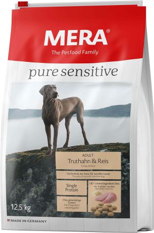 Корм сухой Mera Pure Sensitive, 56750, для взрослых собак, индейка и рис, 12,5 кг