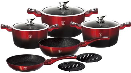 Набор посуды Berlinger Haus "Metallic Line", с антипригарным покрытием, цвет: красный, черный, 10 предметов