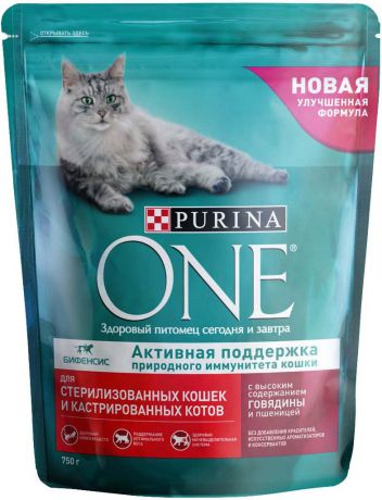 Корм сухой "Purina One" для кастрированных котов и стерилизованных кошек, с говядиной и пшеницей, 750 г