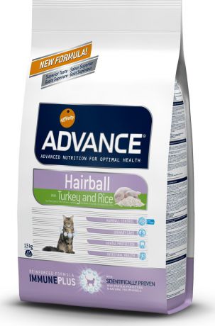 Корм сухой Advance "Hairball" для кошек, для вывода шерсти из желудка, с индейкой и рисом, 1,5 кг