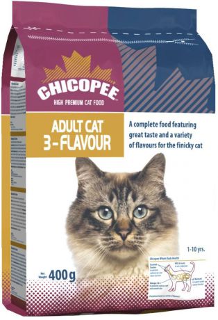 Корм сухой Chicopee "3-Flavour" для привередливых кошек, с рыбой, свининой и птицей, 400 г