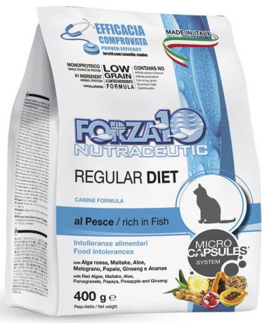 Корм сухой Forza10 "Diet" для взрослых кошек, при аллергии и повышенной чувствительности к животным белкам, с океанической рыбой, 0,4 кг