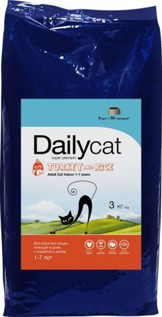 Корм сухой Daily Cat "Adult Indoor Turkey", для взрослых домашних кошек, с индейкой и рисом, 3 кг