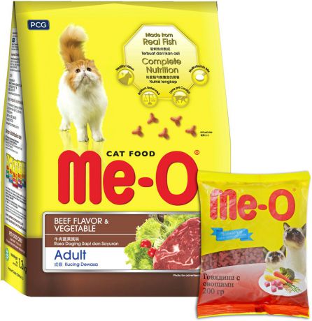 Корм сухой для кошек и котов PCG "Ме-О", говядина с овощами, 200 г, 35 шт