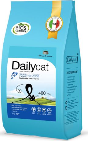 Корм сухой Daily Cat "Adult Exi Care Fish & Rice", для взрослых привередливых кошек, с сельдью, лососем и рисом, 400 г