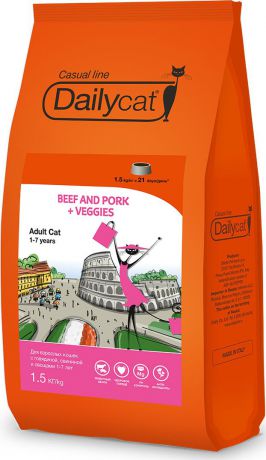 Корм сухой Daily Cat Casual Line "Adult Beef and Pork+Veggies", для кошек, с говядиной, свининой и овощами, 1,5 кг