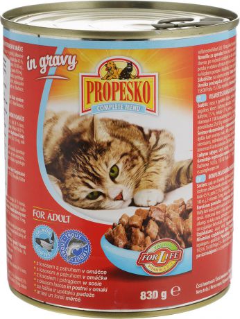 Консервы для кошек "Propesko", с лососем и форелью в соусе, 830 г