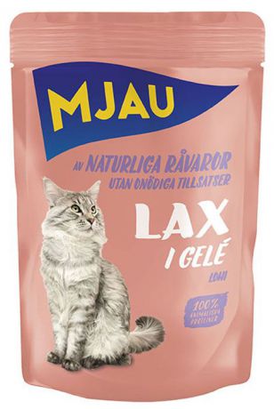 Консервы "Mjau" для кошек, мясные кусочки с лососем в желе, 85 г