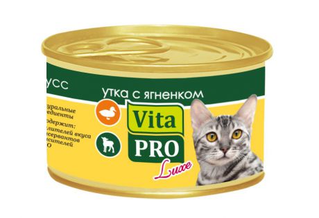 Консервы Vita Pro "Luxe" для кошек от 1 года, с уткой и ягненком, мусс, 85 г