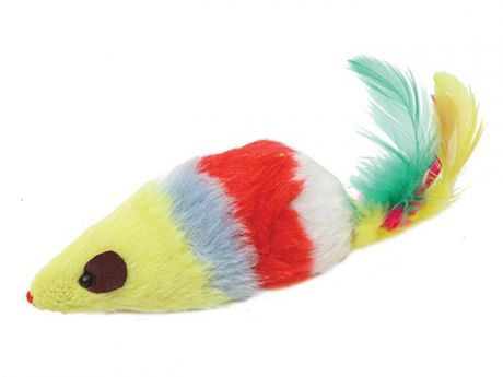 Игрушка для животных Каскад "Мышь", цветная, с длинным мехом, полосатая, с перьями, 12,5 см