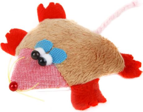 Игрушка для кошек GLG "Мышка-норушка", цвет: бежевый, красный, 7 х 14 х 2,5 см
