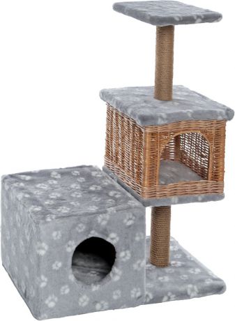 Домик-когтеточка Меридиан "Квадратный трехэтажный с двумя окошками. Лапки", цвет: серый, белый, 66 х 36 х 94 см