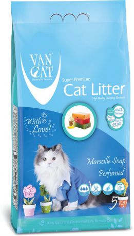 Наполнитель для кошачьих туалетов "Van Cat", комкующийся, без пыли, с ароматом Марсельского мыла, 5 кг
