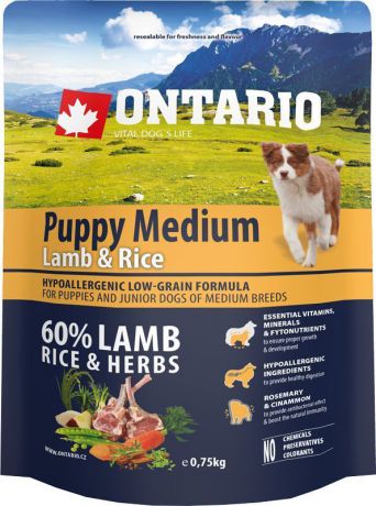 Корм сухой Ontario "Puppy Medium" для щенков средних пород, с ягненком и рисом, 750 г