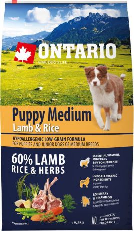 Корм сухой Ontario "Puppy Medium" для щенков средних пород, с ягненком и рисом, 6,5 кг