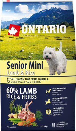 Корм сухой Ontario "Senior Mini" для пожилых собак мелких пород, с ягненком и рисом, 6,5 кг