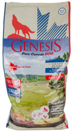 Корм сухой Genesis Pure Canada "Grand Praire", для собак с чувствительным пищеварением, с курицей, буйволом и перепелками, 11,79 кг