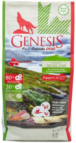 Корм сухой Genesis Pure Canada "Green Highland", для щенков, юниоров, беременных и кормящих собак, с курицей, козой и ягненком, 2,27 кг
