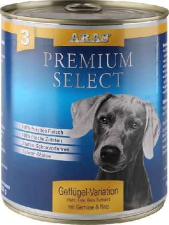 Консервы Aras "Premium Select" для собак, с домашней птицей, овощами и рисом, 820 г