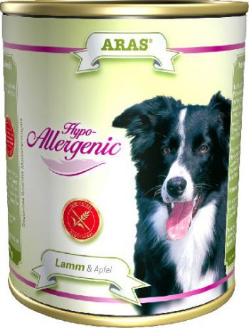Консервы для собак Aras "Hypo-Allergenic", гипоаллергенные, с бараниной и яблоком, 820 г