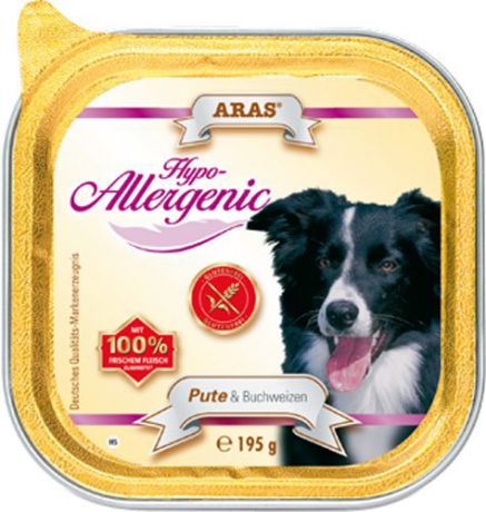 Консервы для собак Aras "Hypo-Allergenic", гипоаллергенные, с индейкой и гречкой, 195 г