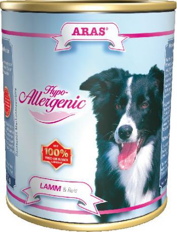 Консервы для собак Aras "Hypo-Allergenic", гипоаллергенные, с бараниной и рисом, 820 г