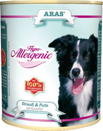 Консервы для собак Aras "Hypo-Allergenic", гипоаллергенные, со страусом, индейкой и картофелем, 820 г