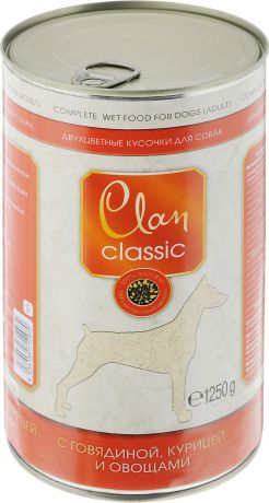 Консервы для собак Clan "Classic", кусочки в соусе с говядиной, курицей и овощами, 1,25 кг