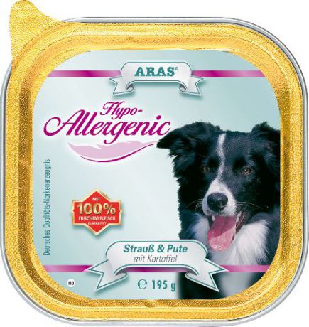 Консервы для собак Aras "Hypo-Allergenic", гипоаллергенные, со страусом, индейкой и картофелем, 195 г
