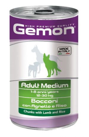 Консервы Gemon "Dog Medium", для собак средних пород, кусочки ягненка с рисом, 1250 г