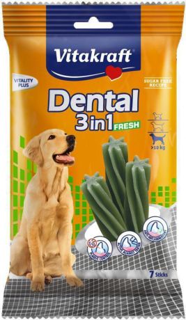 Лакомство Vitakraft "Dental 3in1 Fresh" для собак от 10 кг, жевательные палочки, 7 шт