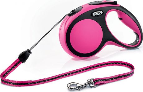 Поводок-рулетка Flexi "New Comfort М", трос, для собак весом до 20 кг, цвет: черный, розовый, 5 м