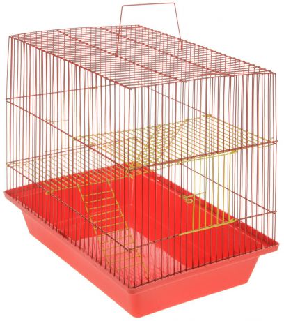Клетка для грызунов ЗооМарк "Гризли", 3-этажная, цвет: красный поддон, красная решетка, желтые этажи, 41 х 30 х 36 см. 230ж
